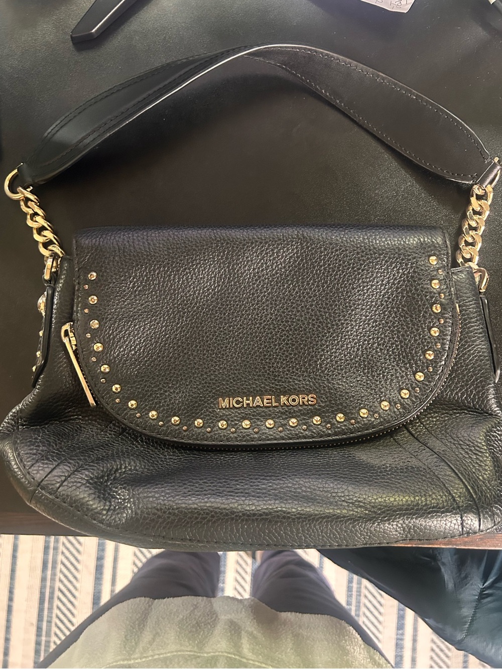 Michael Kors Black Leather Shoulder Bag with Gold Stud Accents